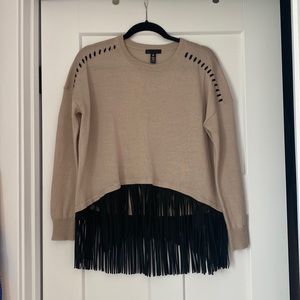 Aqua long sleeve shirt with black suede fringe